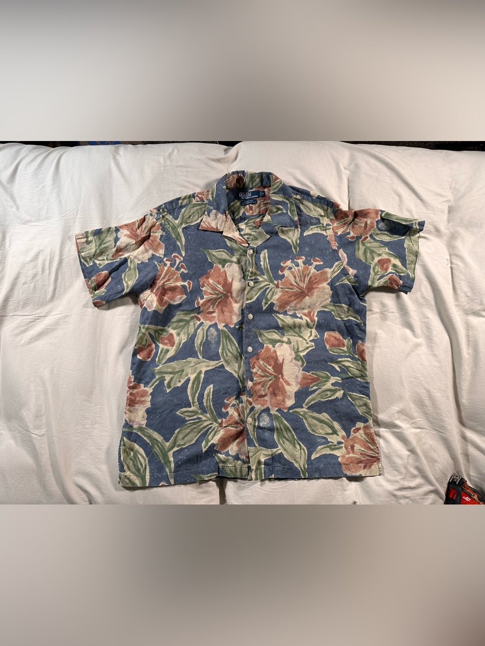 Polo Ralph Lauren Floral Watercolor Linen Blend Vintage Camp Shirt Medium Retro